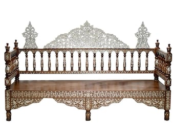 Syrian Mother-of-Pearl Inlaid Walnut Bench with Pierced Spindle Back, one of a kind