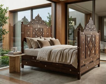 Magnificent Syrian Mashrabiya Bed with Carved Walnut Panels and Mother-of-Pearl Inlay, one of a kind