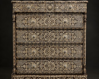 Syrian Mother-of-Pearl and Bone Inlaid Chest with Floral Vine Panels, Early 20th Century, one of a kind