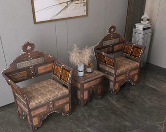 Mother of pearl chair set, hand carved walnut accent chairs and table, syrian damascene seating, made to order