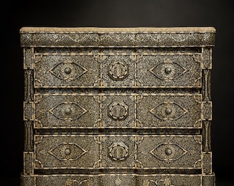 Syrian Damascene Mother-of-Pearl Mosaic Three-Drawer Chest with Medallion Fronts, Early 20th Century, one of a kind