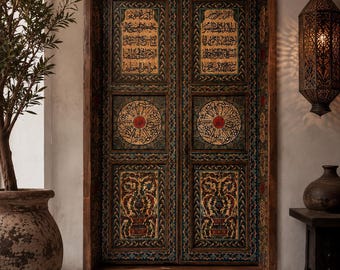 Pair of Moroccan Polychrome Painted and Gilt Calligraphic Doors, one of a kind