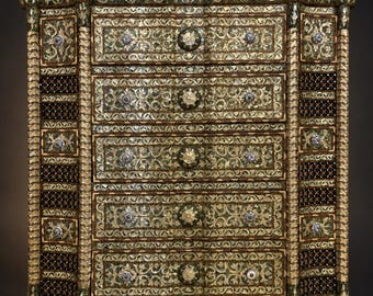 Monumental Syrian Mother-of-Pearl Inlaid Serpentine Chest with Rope-Twist Columns, Early 20th Century, one of a kind
