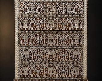 Palatial Syrian Mother-of-Pearl Inlaid Chest of Drawers with Arcaded Cornice, Early 20th Century, one of a kind