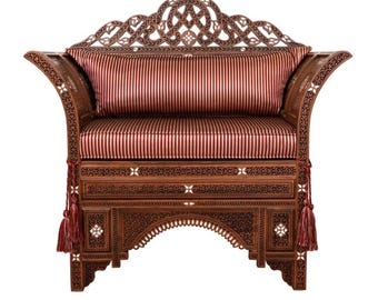 Palatial Syrian Mother-of-Pearl Inlaid Carved Walnut Sofa, one of a kind