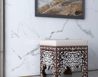 Syrian Mother-of-Pearl Inlaid Walnut Upholstered Stool, one of a kind