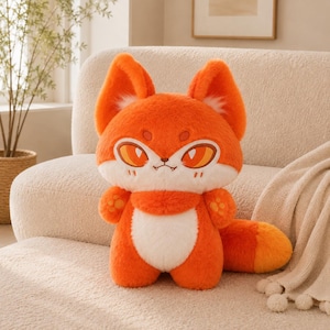 Op de afbeelding: Een pluche vossenknuffel met feloranje vacht, grote puntige oren met witte plukjes en extra grote amberkleurige ogen. Het dier heeft een witte borstvlek, kleine geborduurde pootafdrukken op de handjes en een lange, volle oranje staart.