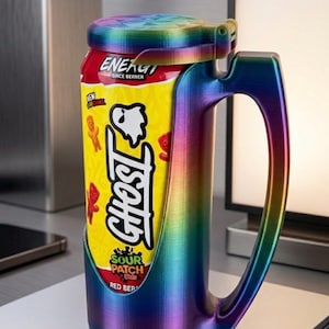 May include: A rainbow-coloured, 3D-printed beverage can holder with a handle and a hinged lid. The holder contains a yellow and red Ghost Sour Patch Kids Red Berry energy drink can with a ghost graphic and the text Energy, Ghost, and Sour Patch.