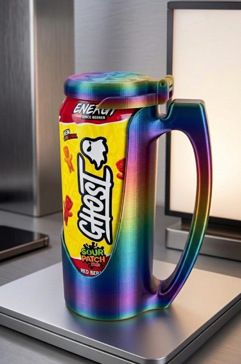May include: A rainbow-coloured, 3D-printed beverage can holder with a handle and a hinged lid. The holder contains a yellow and red Ghost Sour Patch Kids Red Berry energy drink can with a ghost graphic and the text Energy, Ghost, and Sour Patch.