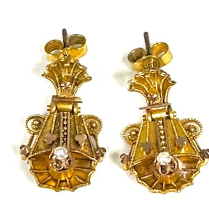 Victorian 14K Gold Drop Earrings with Pearl – Antique Etruscan Dangle Earrings for Pierced Ears