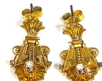 Victorian 14K Gold Drop Earrings with Pearl – Antique Etruscan Dangle Earrings for Pierced Ears