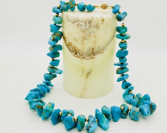 Chunky Turquoise Nugget Necklace: 14K Yellow Gold Beads, 20 Inch