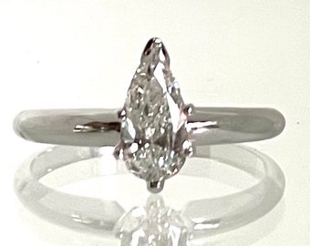 Diamond Engagement Ring-14 Karat White Gold Genuine Pear Shape Diamond-Estate Solitaire Style Ring