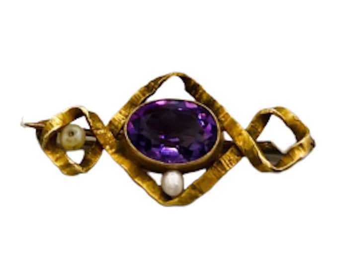 Yellow Gold Antique Amethyst and Baroque Seed Pearl Pin, Amethyst Pin