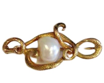 Yellow Gold Baroque Pearl Pin, Baroque Pearl Pin, Pearl Pin, Snake Like Design, Antique Pearl Pin, Vintage Pearl Pin, Antique Pin