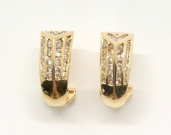 Yellow Gold Diamond Pierced Earrings, Vintage Diamond Earrings, Diamond Earrings, Channel Set Diamond Earrings, Hallmarked Earrings