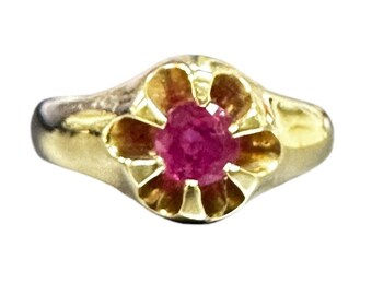 Antique 14k Yellow Gold Ruby Ring: Belcher Style, July Birthstone