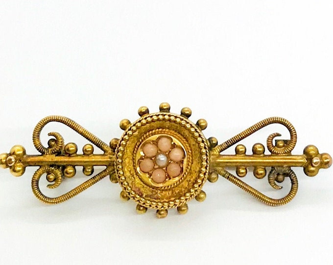 Yellow Gold Coral and Seed Pearl Bar Pin, Gold Victorian Bar Pin, Antique Bar Pin, Coral Brooch