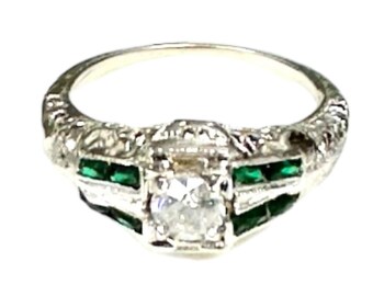 White Gold Diamond and Synthetic Emerald Filigree Engagement Ring