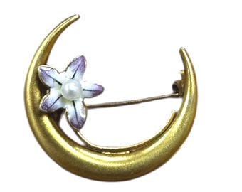 Antique 10 Karat Yellow Gold Enamel and Pearl Crescent Moon Flower Pin