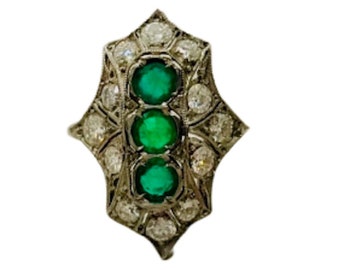Antique Edwardian Platinum Emerald Diamond Filigree Ring