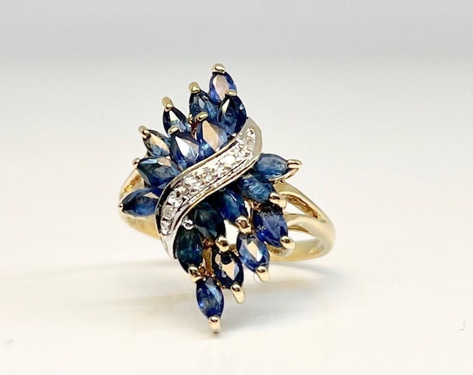 Yellow Gold Diamond and Blue Sapphire Cocktail Ring, Vintage Dinner Ring, Blue Sapphire and Diamond Ring