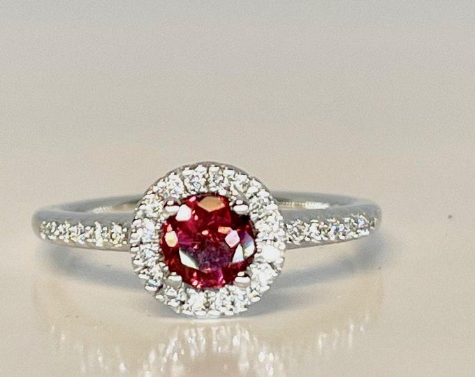 Vintage 14k White Gold Garnet and Diamond Halo Ring