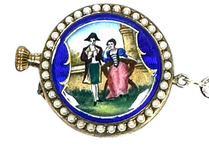 Non-Functional Vintage Silver Tone Pocket Watch with Enameled Design and Pearls