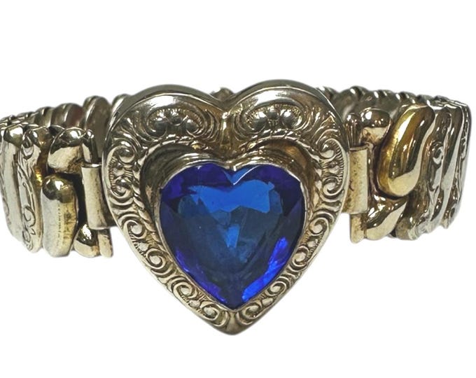 Antique Glass Heart Gold Sterling Silver Sweetheart Expansion Bracelet-1930s-40s,