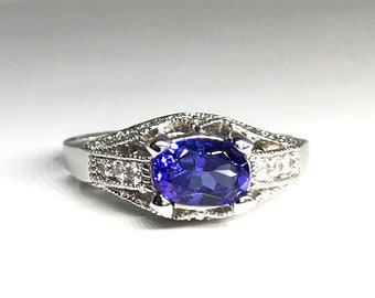 White Gold Filigree Tanzanite Ring: Edwardian Diamond Accent