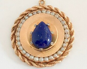 14k Gold Lapis Lazuli Pendant: Pearl & Diamond Halo