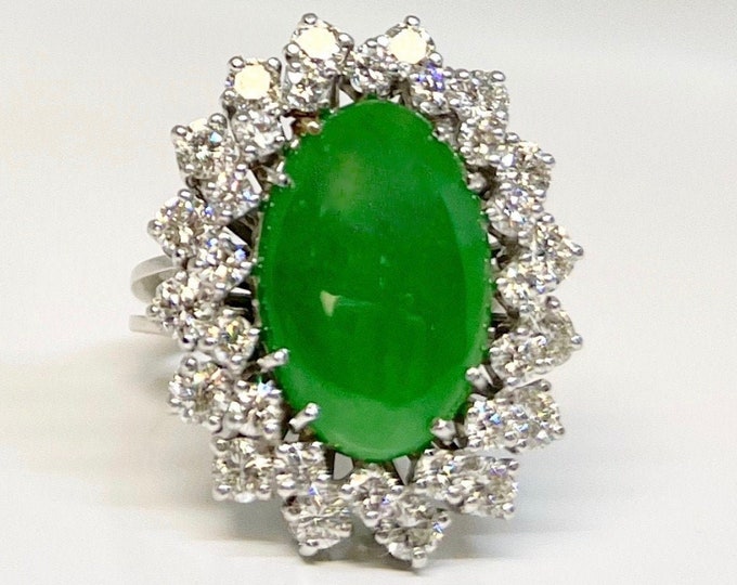 Vintage White Gold Diamond and Jade Cocktail Ring, Vintage Jade and Diamond Ring, Diamond and Jade Ring, Jade Dinner Ring