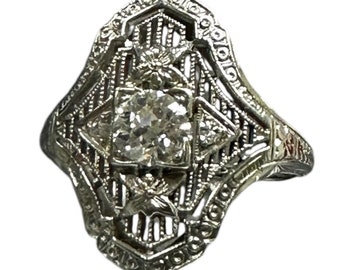18 Karat White Gold Diamond Filigree Ring, Antique Filigree Ring, Antique Diamond Ring,  Diamonds Because Love Has Many Facets