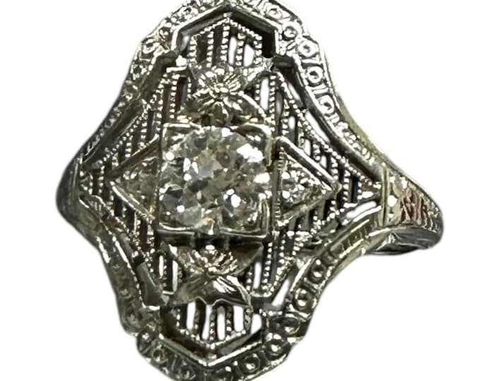 18 Karat White Gold Diamond Filigree Ring, Antique Filigree Ring, Antique Diamond Ring,  Diamonds Because Love Has Many Facets