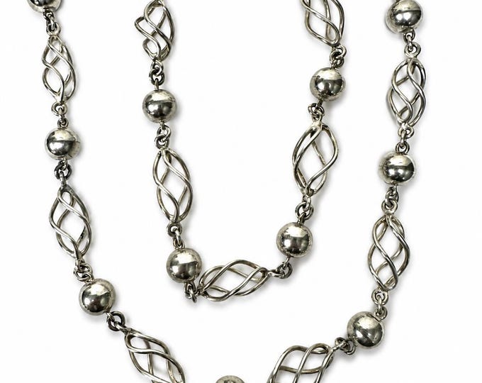Sterling Silver Openwork Link Necklace, Twisted Wire Bead, Modernist Jewelry
