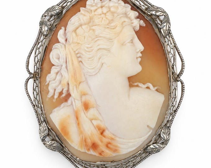 Antique 14K White Gold Filigree Shell Cameo Brooch Pendant