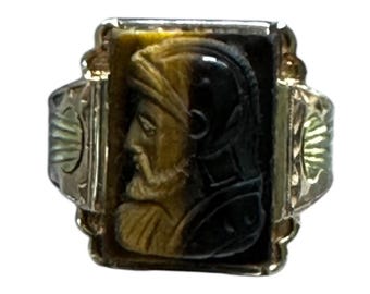 10 Karat Yellow and Green Gold Tiger's Eye Cameo Ring