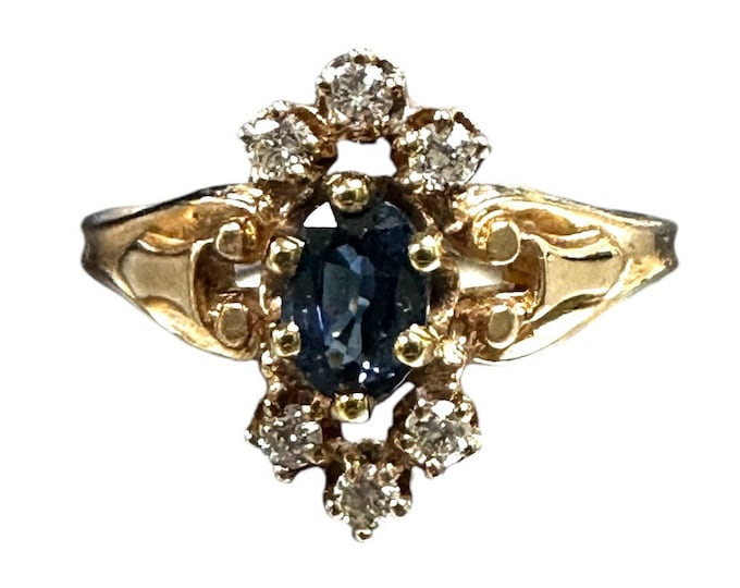 Yellow Gold Blue Sapphire and Diamond Victorian Ring; Victorian Sapphire Ring; Victorian Ring; Blue Sapphire Ring
