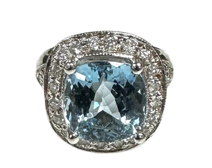 Vintage Aquamarine and Diamond Cocktail Ring, Vintage Halo Ring