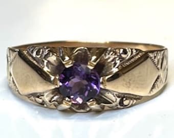 Yellow Gold Amethyst Belcher Ring - Victorian February Birthstone