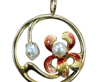 14 Karat Yellow Gold Cultured Pearl and Enamel Flower Pendant