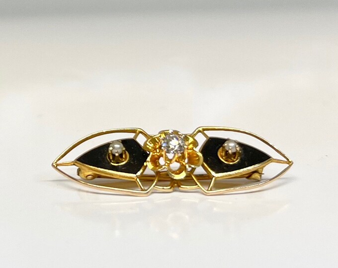 Antique Yellow Gold Black Enamel Diamond and Pearl Pin, Victorian Black Enamel Diamond and Pearl Brooch, Diamond and Pearl Pin