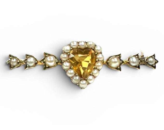 Authentic Victorian 14 Karat Yellow Gold Citrine Heart Brooch with Pearl Accents