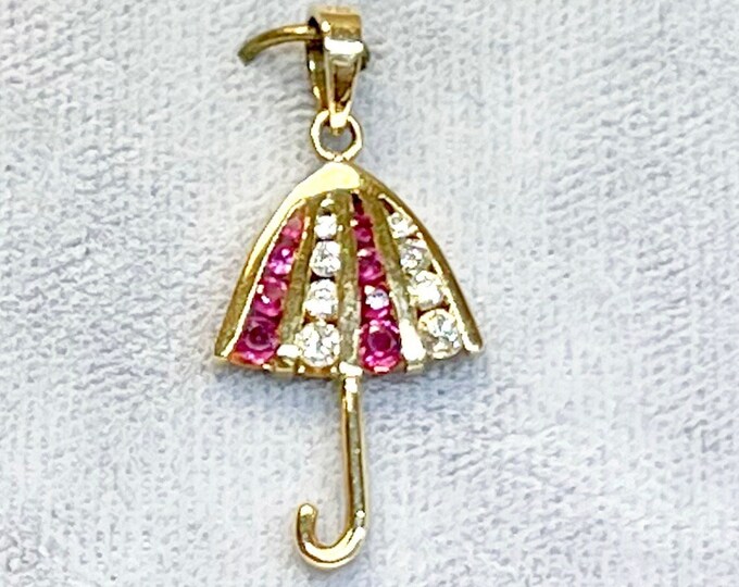 Yellow Gold Ruby and Diamond Umbrella Charm or Pendant, Umbrella Charm, Umbrella Pendant, Ruby and Diamond Pendant, Vintage Pendant