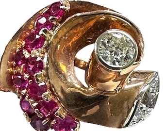 Art Deco Rose Gold Diamond Ruby Ring: Retro 14k Gold Swirl