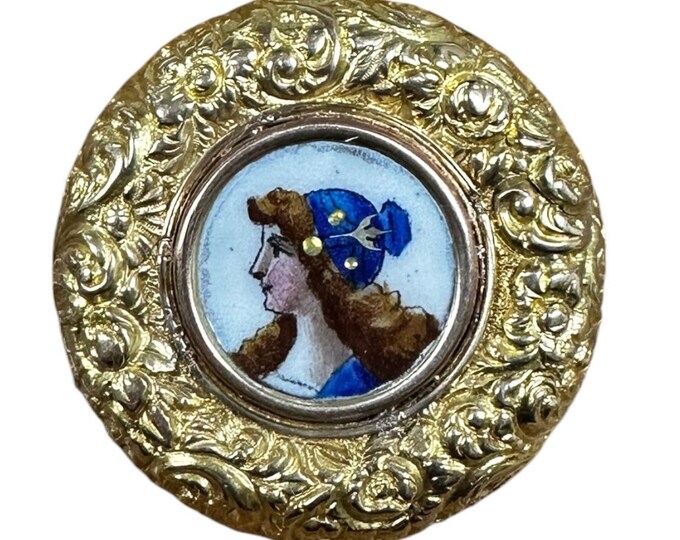 Victorian Yellow Gold Enamel Repusse Pin, Antique Pin, Victorian Brooch, Enamel Pin, Pin, Brooch, Yellow Gold Pin, Round Pin, Painted Pin