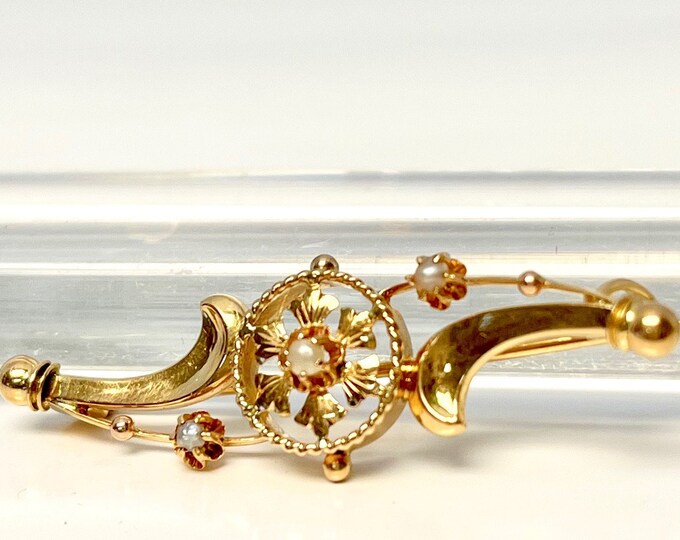 Antique Yellow Gold Victorian Pearl Brooch, Pear Pin, Stylized Pearl Bar Pin, Victorian Pearl Bar Pin, Hallmarked Brooch