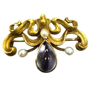 Art Nouveau Amethyst Pearl Brooch, 14K Yellow Gold Pin