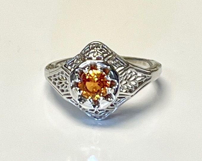 ON SALE, White Gold Filigree Orange Sapphire Ring, 0.68 Carat Orange Sapphire, Sapphire Filigree Ring, Edwardian Ring, Antique Sapphire Ring