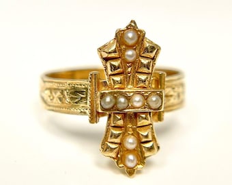 14k Yellow Gold Seed Pearl Ring: Victorian Style